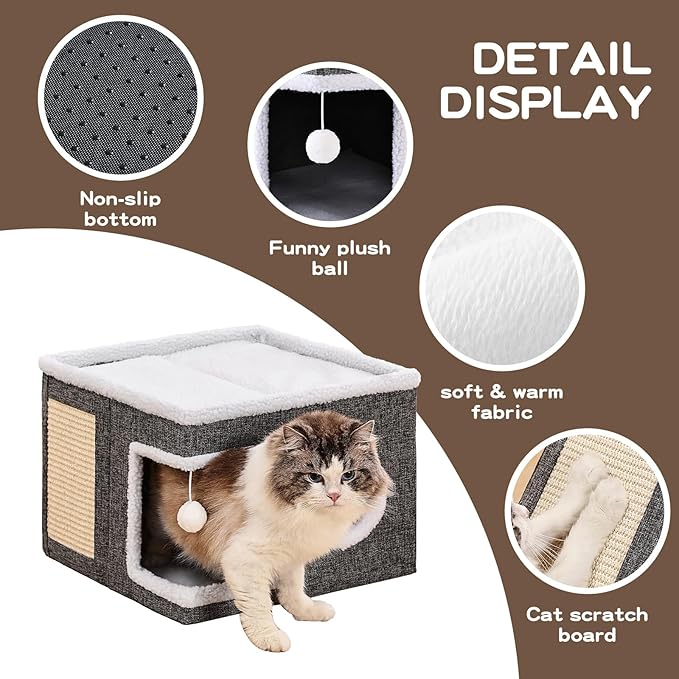 Crispedia Large Cat Houses for Indoor Cats with Fluffy Ball and Scratch Pad