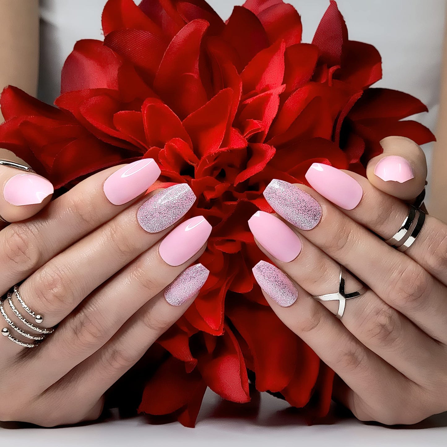 Hypnaughty 24 Pcs Pink Ballerina Press On Nails with Glue Medium Short Length Fake Nails with Glitter Design Glossy Acrylic Press On Nails Full Cover (Pink)