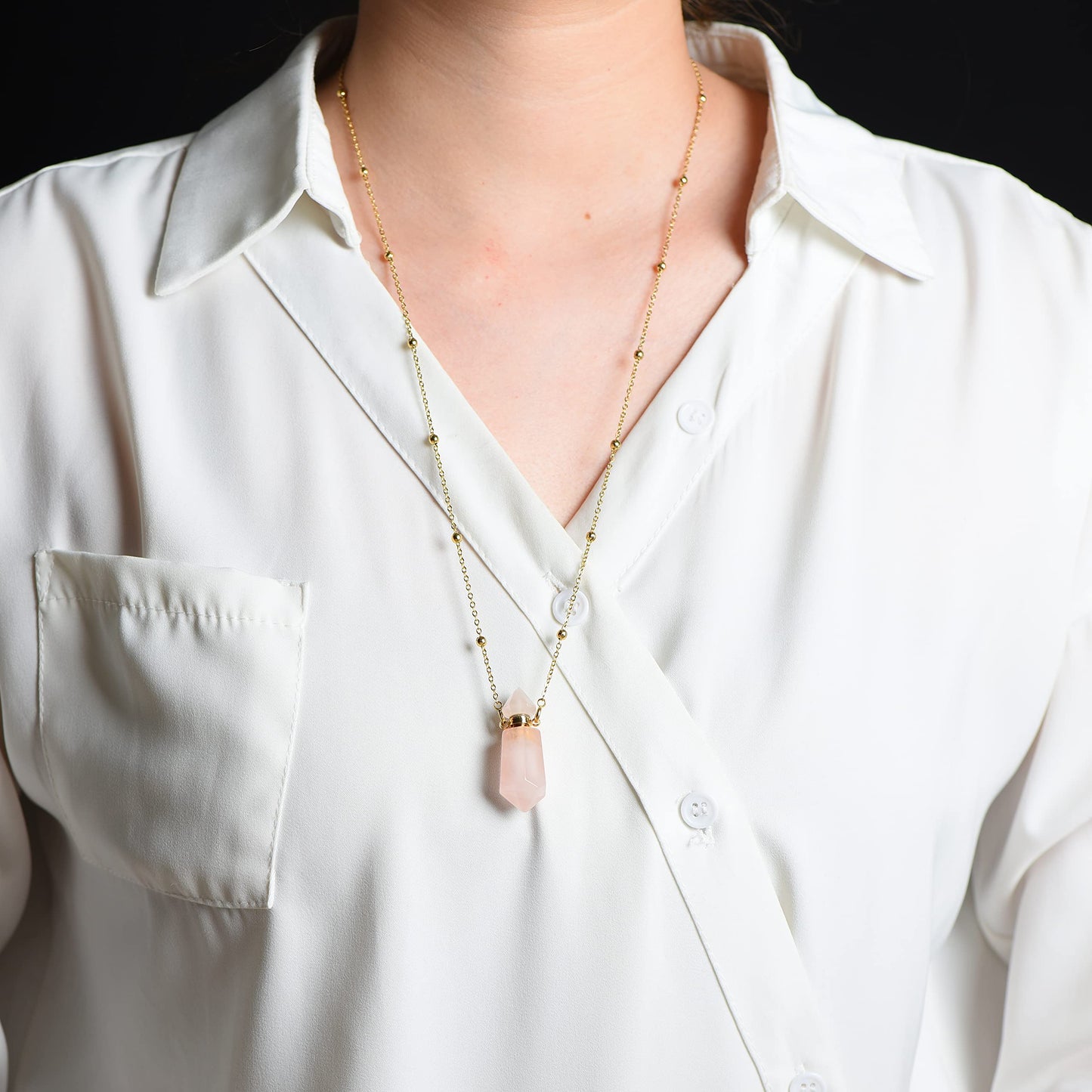 QIQIXIN Rose Quartz Perfume Bottle Necklace Aromatherapy Necklace Hexagonal Pointed Essential Oil Diffuser Necklace for Women Vial Necklace (rose quartz)