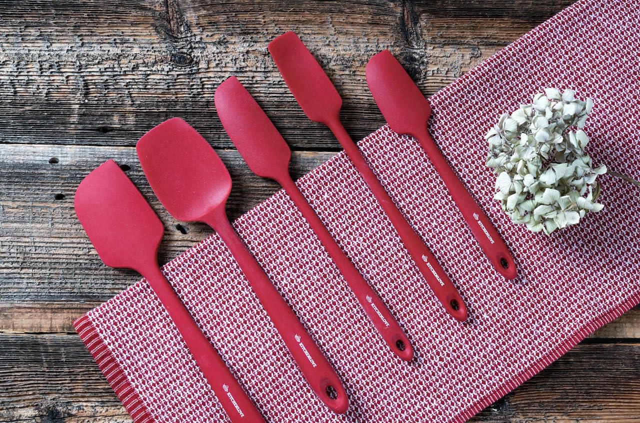KITCHENLOVE Premium 600°F Heat Resistant 5 Piece Silicone Spatula Set for Baking, Cooking, Mixing - Non-Stick with High Grade S-Iron Steel Core - One Piece Seamless Design - BPA Free (Red)