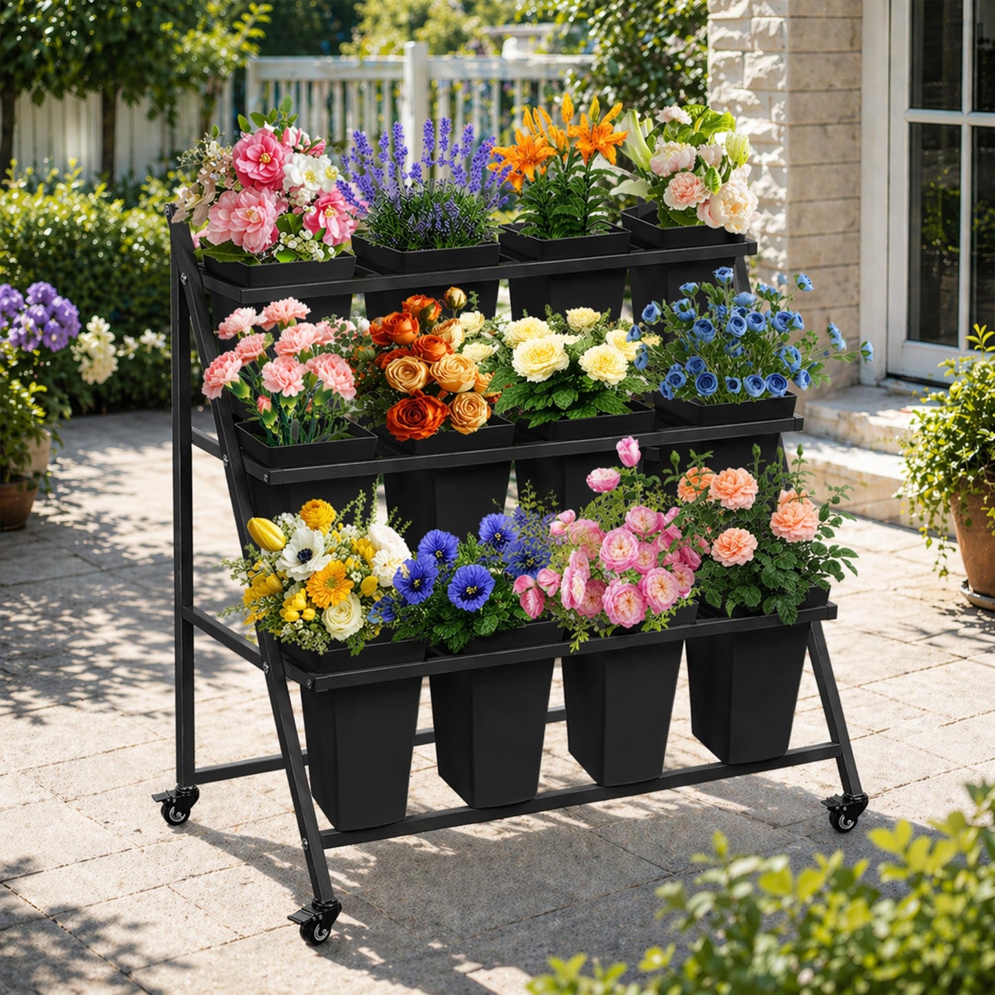 PROLEE Flower Stand with 12 Buckets, Flower Display Stand with Wheels, Flower Cart, Moving Florist Bouquet Shelf, Triangular, Black