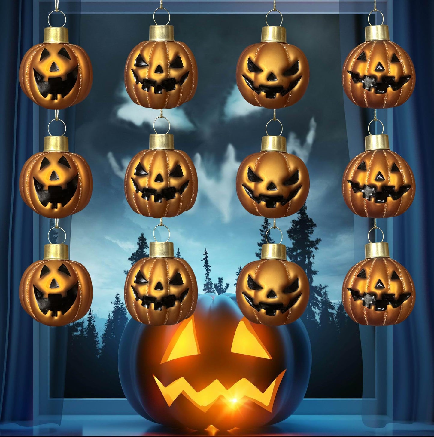 VGEUNA Painted Glass Halloween Pumpkin Ornaments Mini Decorative Hanging Ornaments for Halloween Set of 12