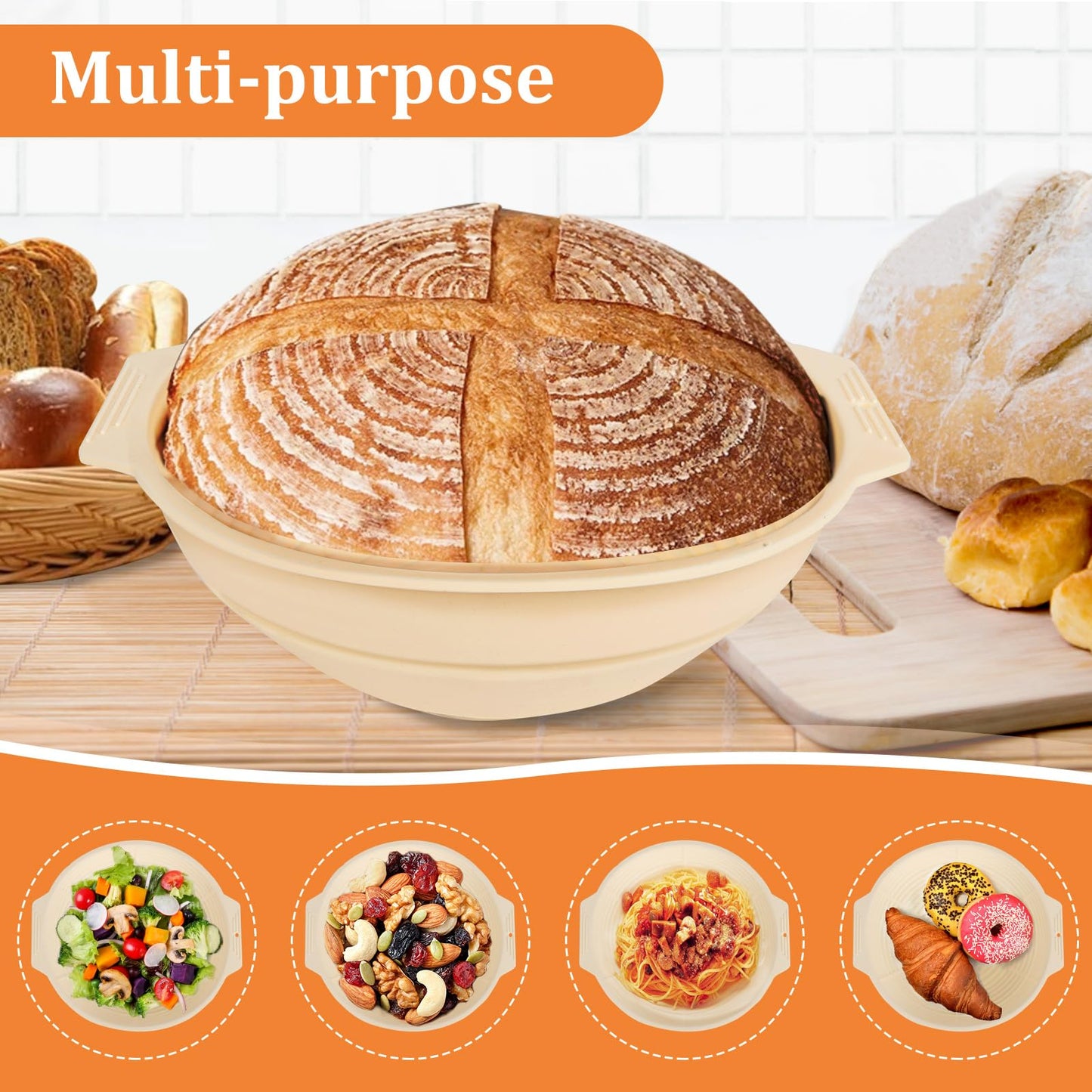 ORANGAROOS Sourdough Baking Supplies Kit Including 9 inch Round Silicone Banneton Basket, Dough Scraper, Bread Lame, Danish Whisk and Bread Bag;Proofing Basket Set for Home Bakers