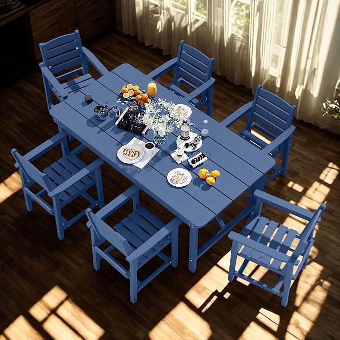 7 Piece Patio Dining Set with 11ft Patio Umbrella (Black), 7 Navy Outdoor HDPE Dining Set with 6 Chairs + 1 Large Table with 2" Umbrella Hole, for Market, Pool, Garden, Backyard, Deck
