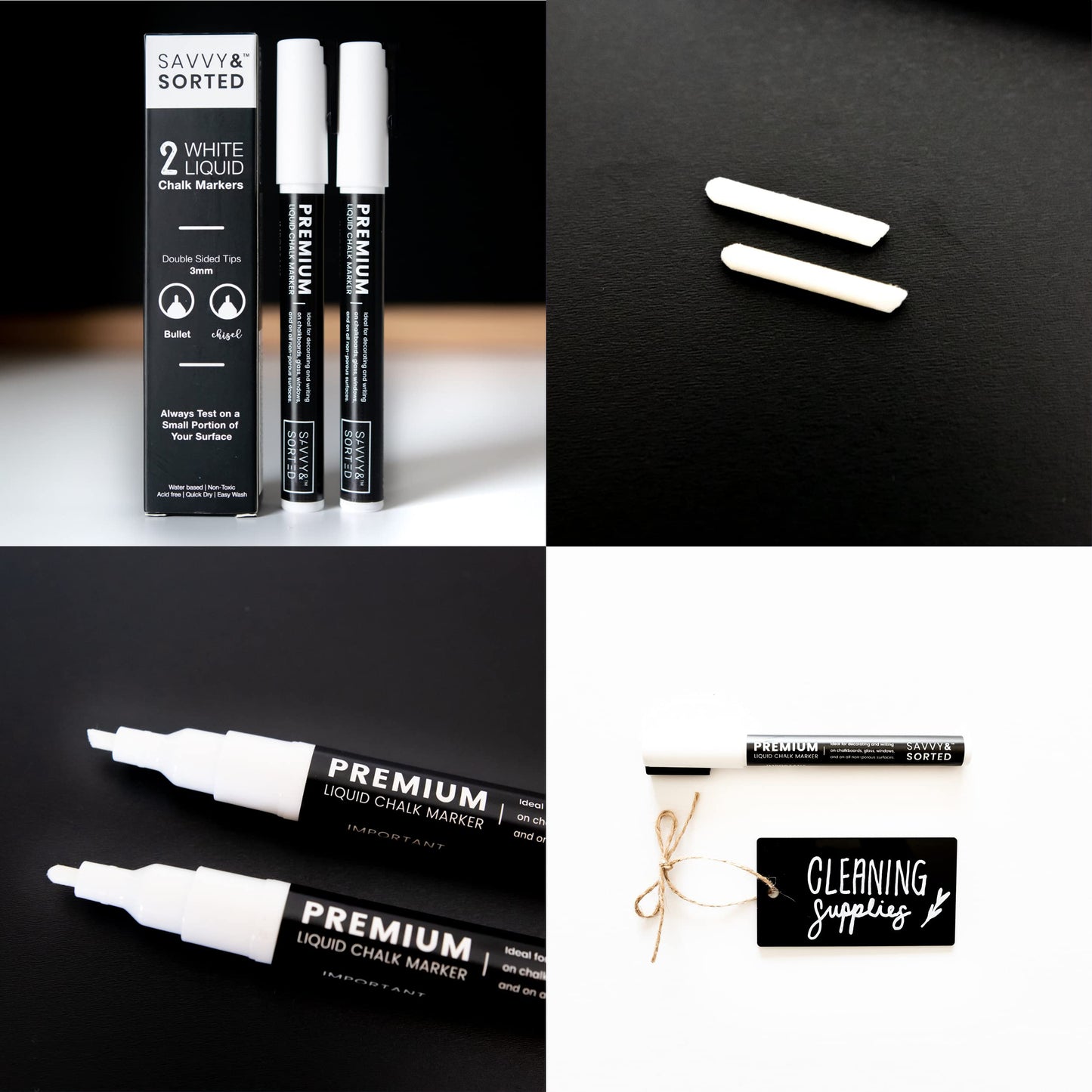 SAVVY & SORTED Erasable White Chalk Markers, 2PK 3mm Liquid Fine Tip Pens Chalkboard Bistro Marker for Glass Window Board