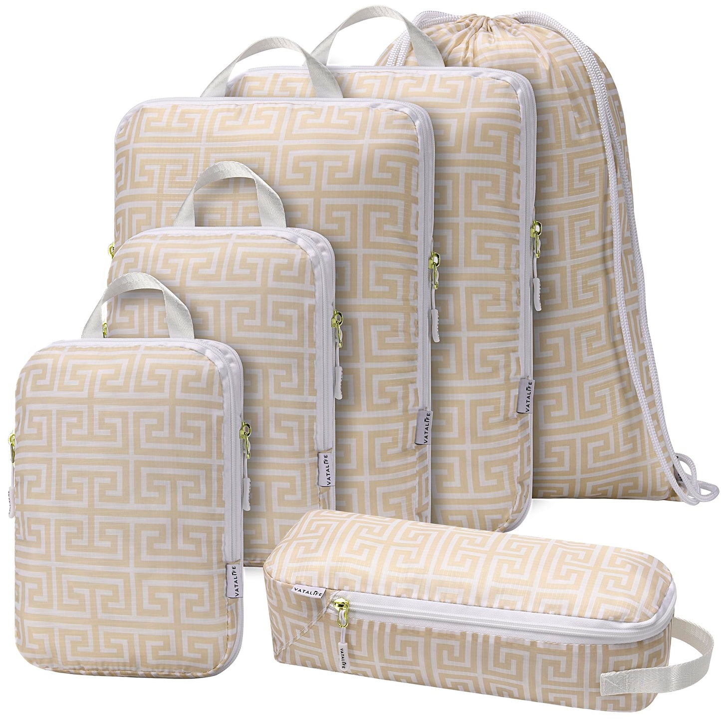 Vatalife Compression Packing Cubes for Travel 6PC Set - Suitcase Organizer & Space Saver Bags for Carry On Luggage with Drawstring Backpack Beige Boho