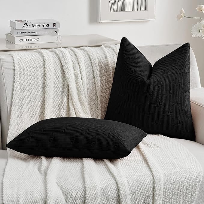 FUTEI Black Chenille Decorative Throw Pillow Covers 18x18 Inch Set of 2,Soft Cozy Striped Geometric Patterns Cushion Cases,Modern Home Decor for Couch Bed Living Room
