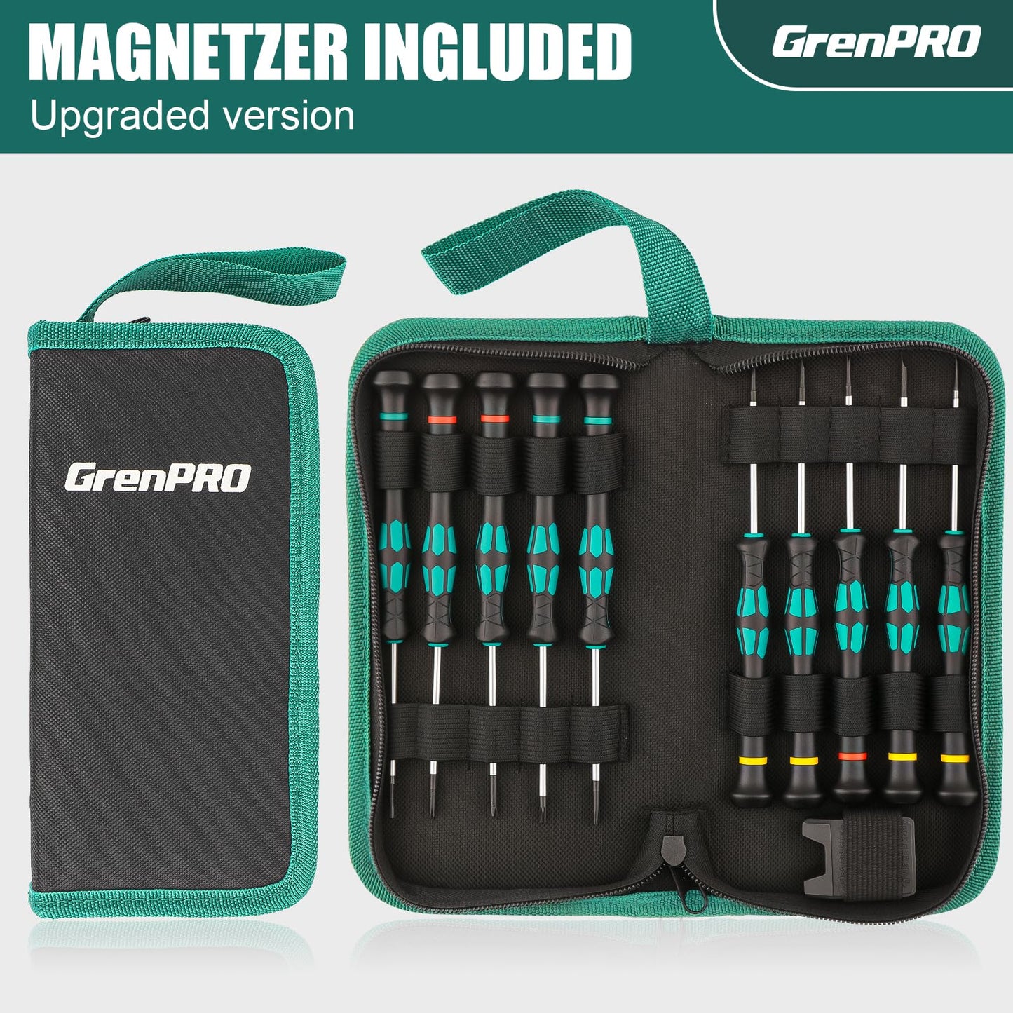 GRENPRO 10-Piece Precision Screwdriver Set, Magnetic Small Screwdrivers with Phillips, Slotted, Torx Star for Eyeglass, Watch, Computer, Laptop, Phone,Green
