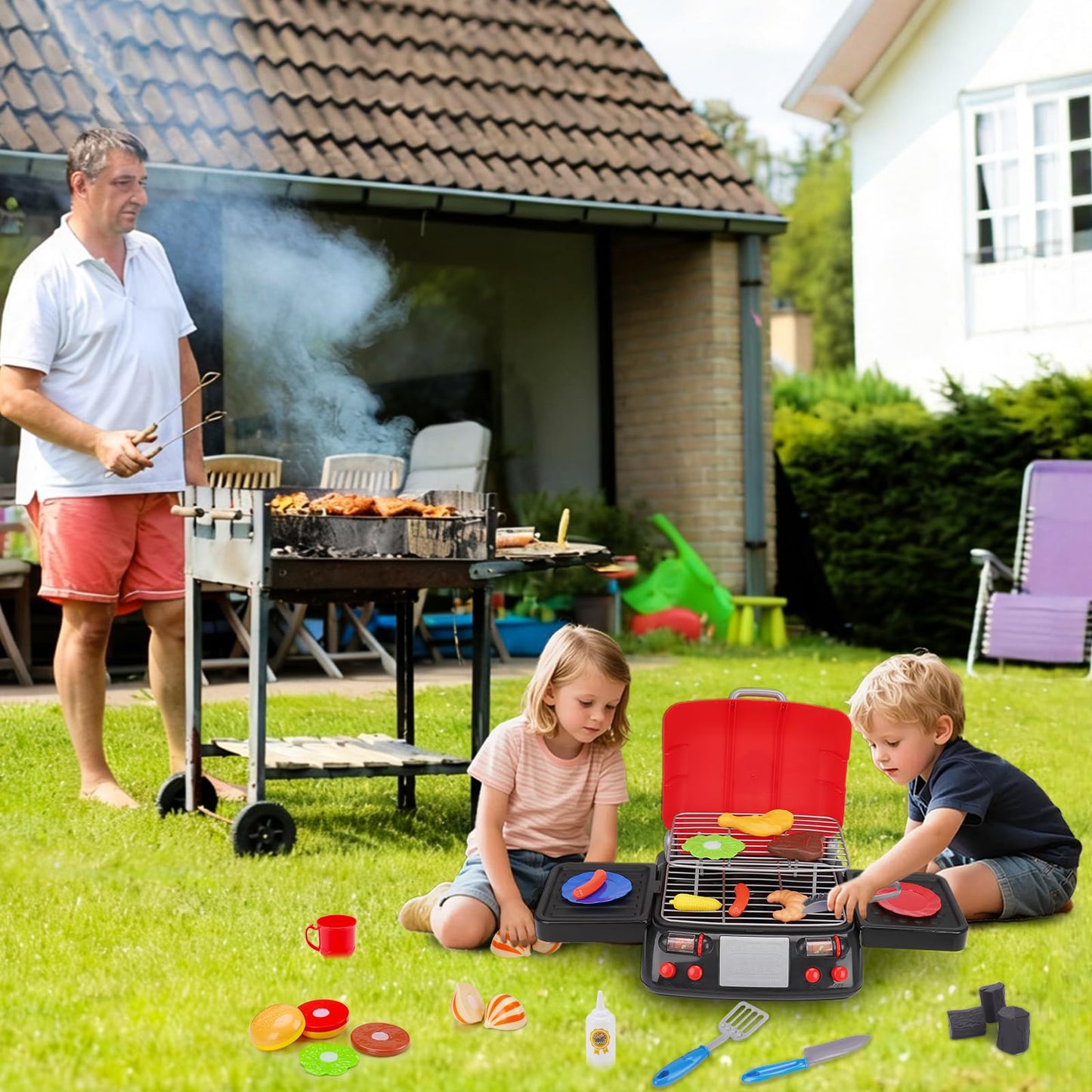 Kids Play Food Grill with Pretend Smoke Sound Light Kitchen Playset BBQ Accessories Camping Cooking Set Barbecue Toddler Girl Boy Toy 2 3 4 5 6 Year Old 4-8 Birthday Kid Toy Idea