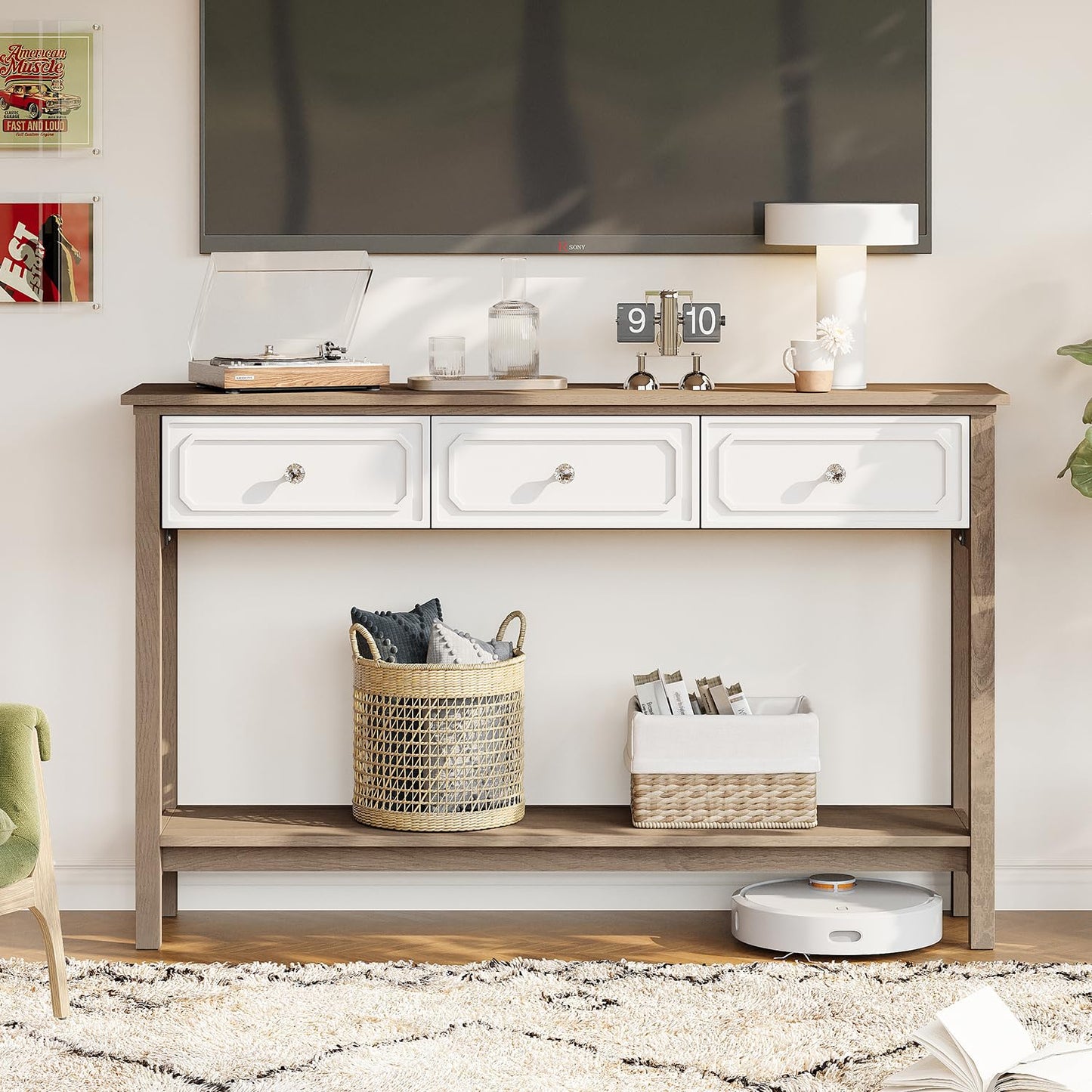 LAZZO Entryway Table with Storage Console Table with 3 Drawers and Open Shelf Behind the Couch Sofa Tables Narrow Long for Entry, Hallway, Foyer, Living Room Brown and White
