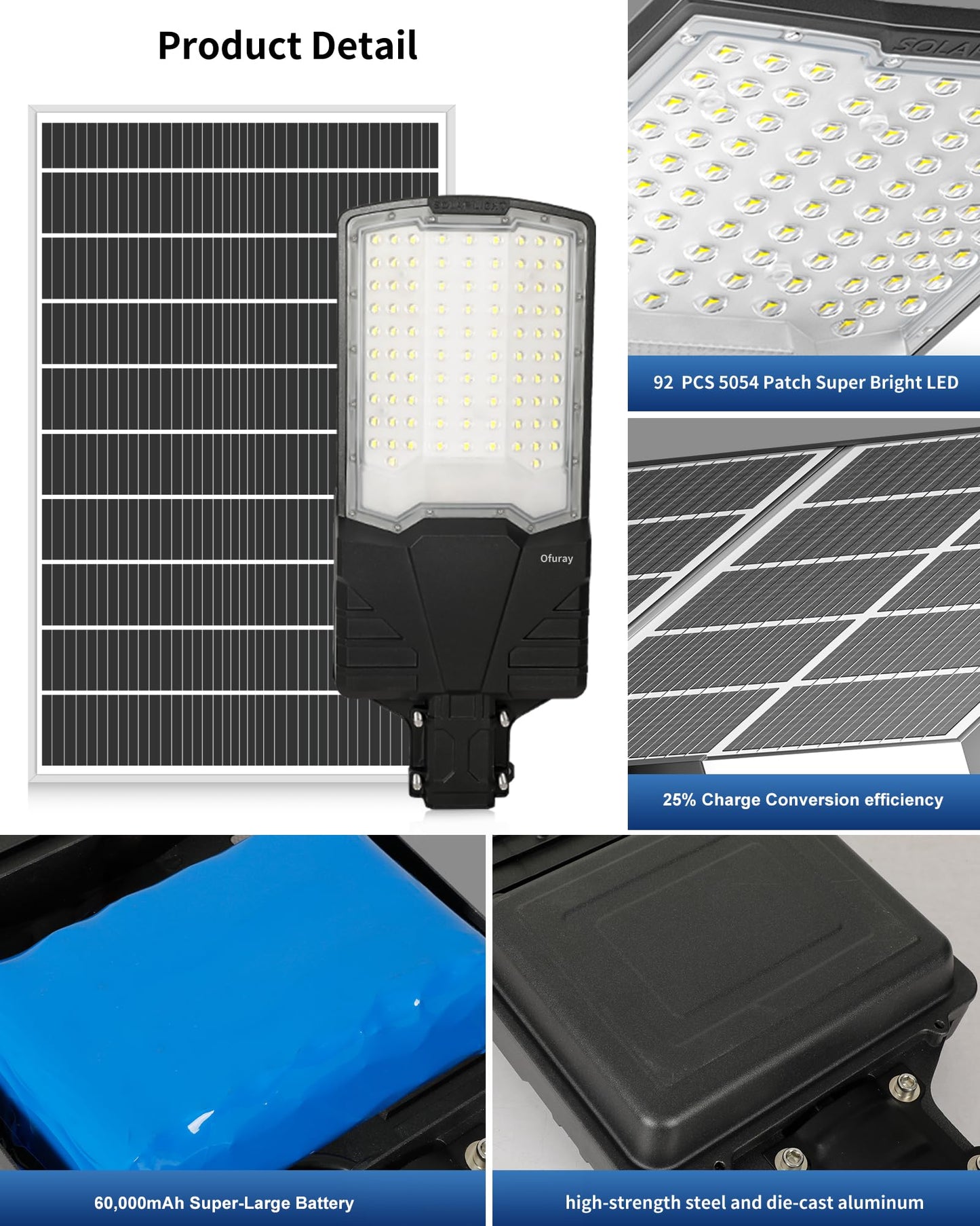 Ofuray OL-18000W Solar Street Lights Outdoor,60,000Mah High Power Solar Security Flood Lights Parking Lot Lights Commercial Dusk to Dawn,IP67 6500k Led with Remote for Street,Court,Barn