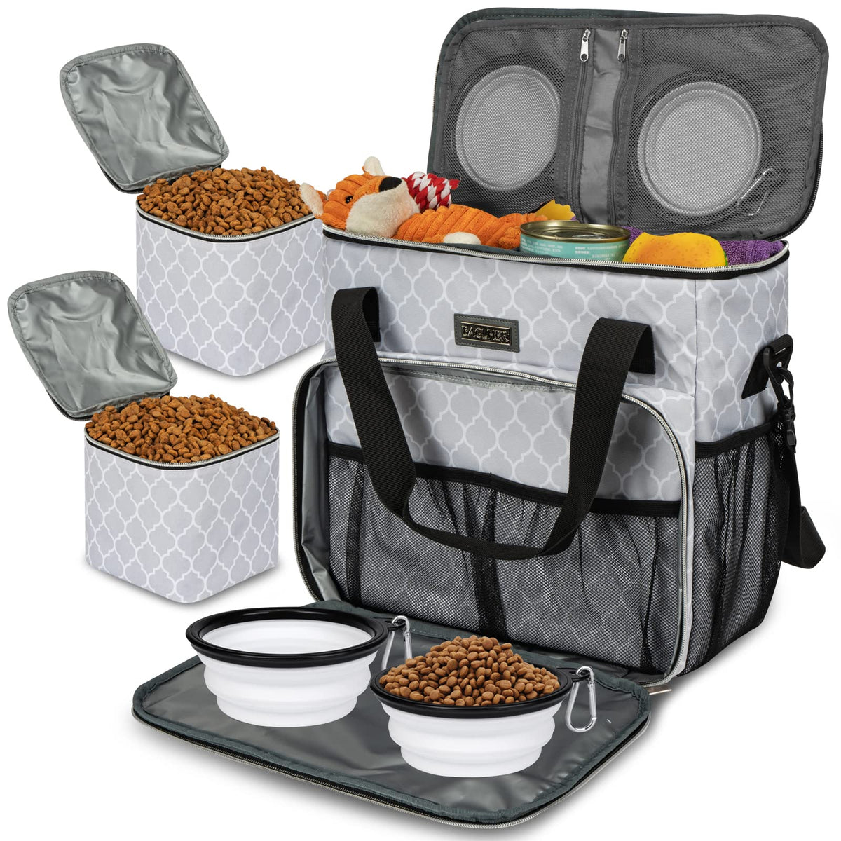 BAGLHER Dog Travel Bag, Airline Approved Pet Tote Organizer with Multi-Function Pockets, 2 X Food Storage Containers and 2 X Collapsible Bowls, Perfect Weekend Pet Travel Set for Dog, Cat Black