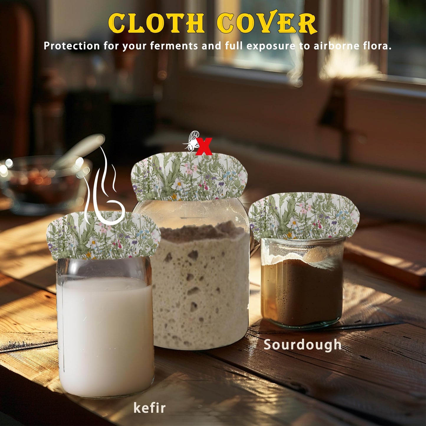 Herbs 5- Pack Cloth Covers for Sourdough Starter Jar, Wild Flowers Cloth Covers Reusable Lid Top Sourdough Bowl Cover Bread Fermentation Baking Supplies for 3-4 Inch Jar Mouth