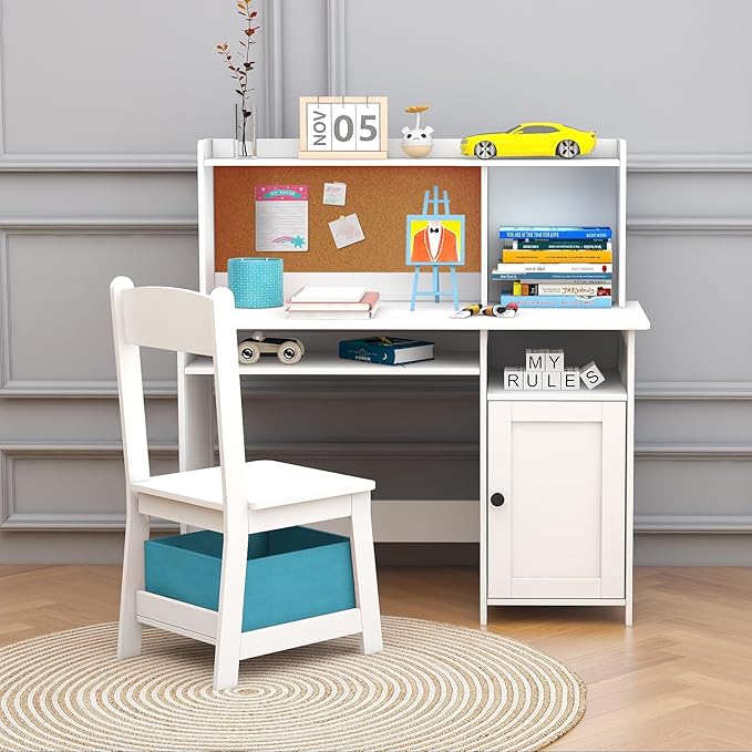 TaoHFE Kids Desk and Chair Set, Kids Desk Chair with Storage and Shelf, Wooden Kids Table and Chairs for Bedroom and Study, Craft Table with Storage Gifts for Boys, Girls to Study, White
