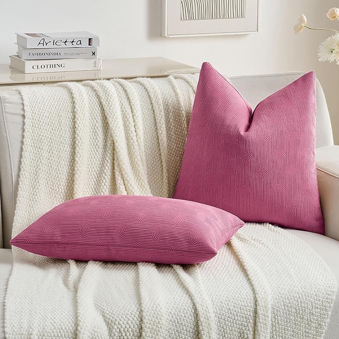 FUTEI Hot Pink Chenille Decorative Throw Pillow Covers 12x20 Inch Set of 2,Soft Cozy Striped Geometric Patterns Lumbar Pillow Cases,Modern Home Decor for Couch Bed Living Room