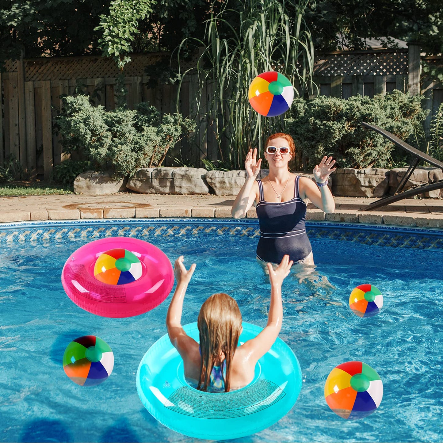 12 Sets Beach Floats, Including 6 Pcs Inflatable Pool Tube for Adults Swimming Rings 6 Pcs 12'' Beach Inflatable Balls for Vacation Beach Decorations Summer Activity Party