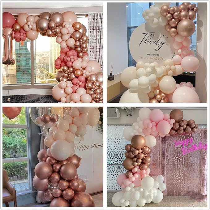 412pcs Metallic Rose Gold Balloon Garland Arch Kit 18 12 10 5 Inch Different Sizes Latex Chrome Balloons for Baby Shower Birthday Graduation Wedding Anniversary Party Decoration
