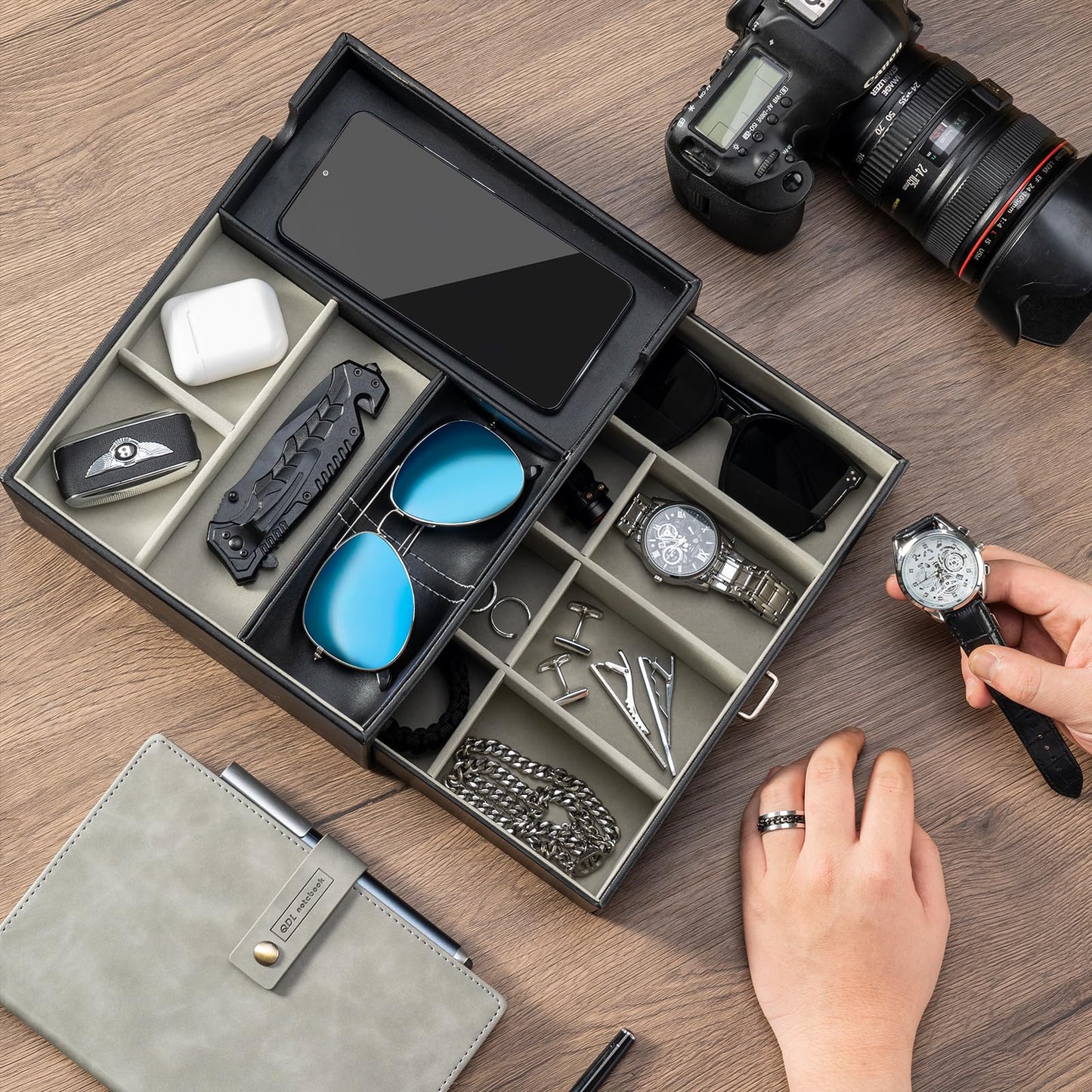 ProCase 2 Layers Valet Tray Gift for Men, Nightstand Organizer EDC Dump Catchall Trays with Phone Charging Station, Dresser Top Table Beside Entryway Storage Box -Black