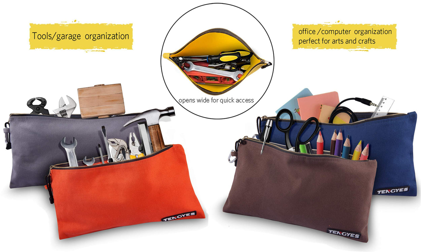 TENGYES Canvas Tool Pouch Zipper Bag - 5 Pack Utility Bags Heavy Duty Metal Zippers Pouches with Carabiner, Multi Storage Organizer Clip on Tote Bags