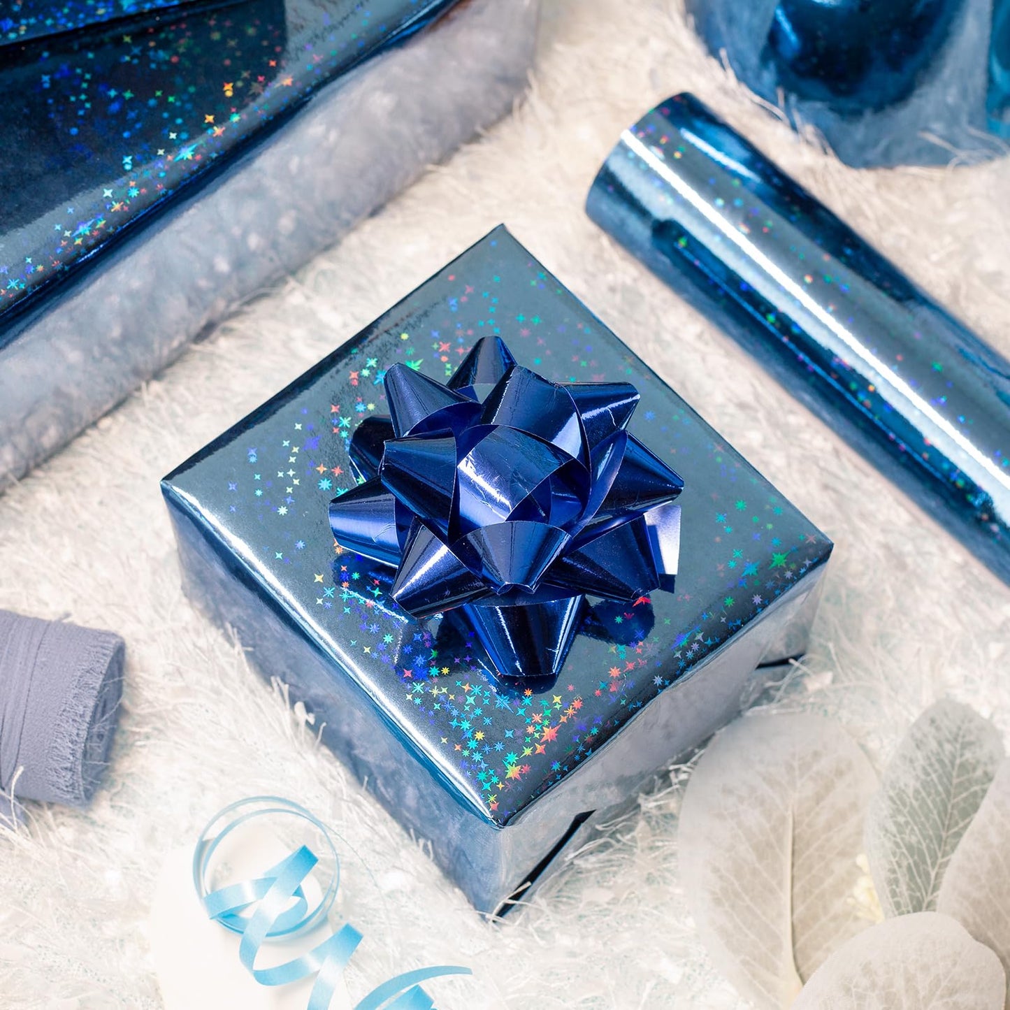 Flyhill Blue Holographic Wrapping Paper Roll, Metallic Holographic Shinning Galaxy Star Gift Wrap for Father‘s Day,Wedding,Birthday - Mini Roll 17inch*32.8ft
