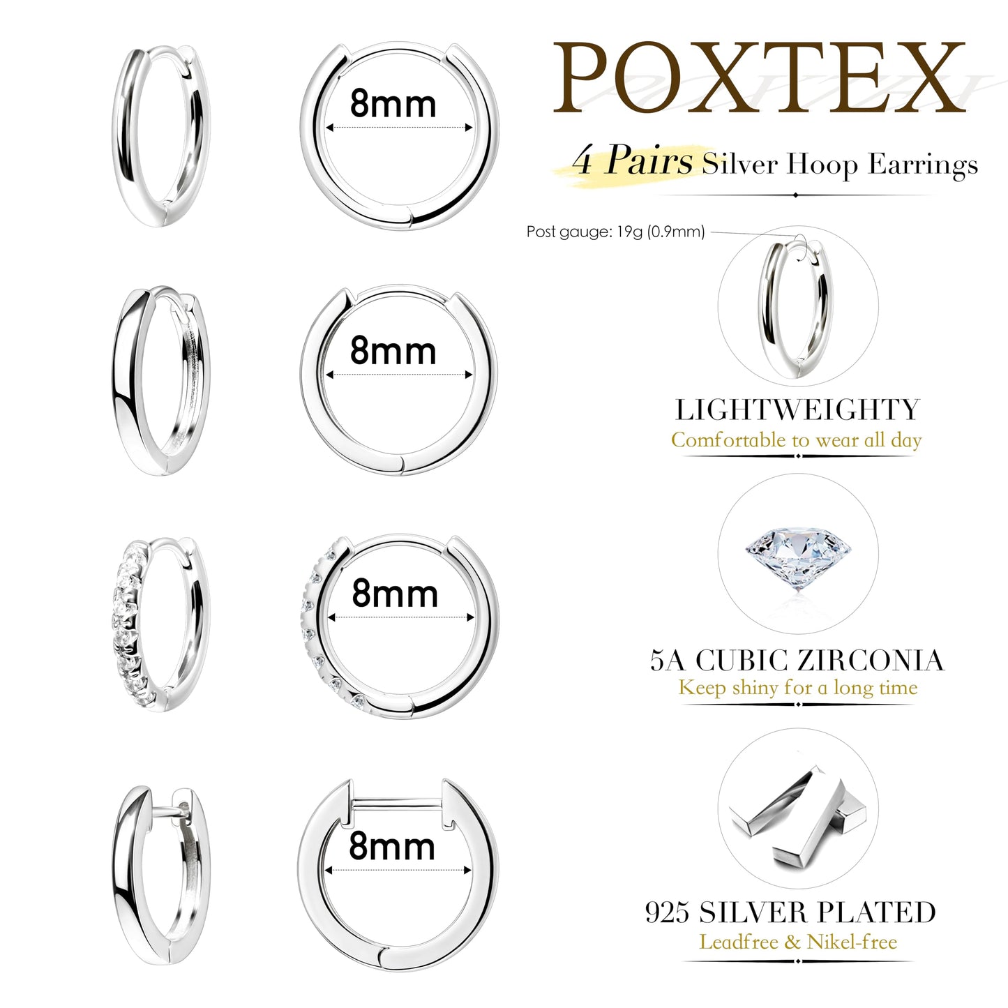 8mm Small Huggie Silver Hoop Earrings for Women Sterling Silver Cute Mini Cartilage Earrings Set for Multiple Piercing Tragus Helix Rook Piercing Jewelry Lightweight Clip On