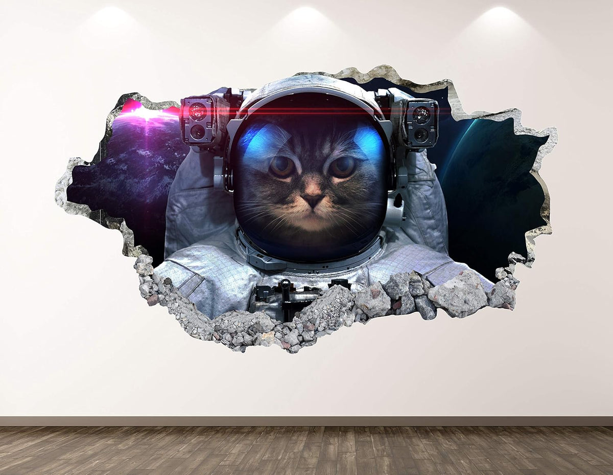 Astronaut Cat Wall Decal Art Decor 3D Smashed Space Sticker Poster Kids Room Mural Custom Gift BL203 (30"W x 18"H)