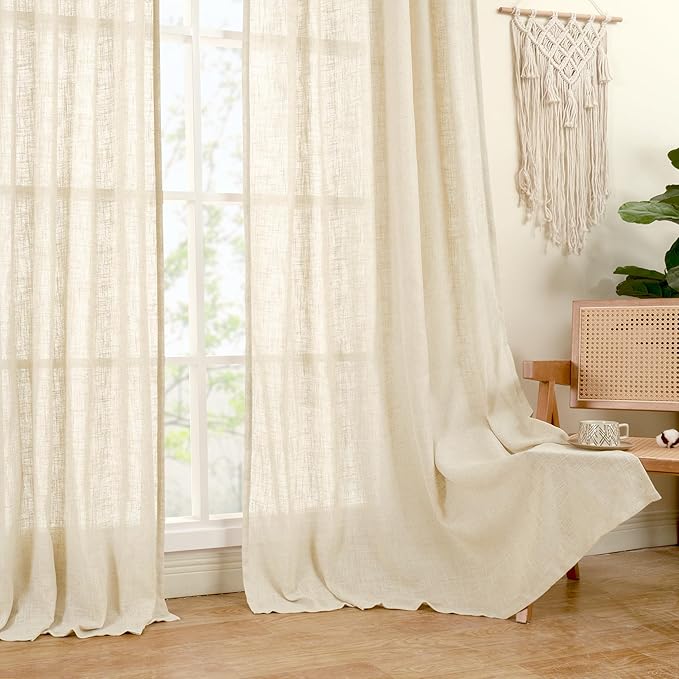 LAMIT Natural Linen Curtains 120 Inch for Living Room, Back Tab and Rod Pocket Linen Textured Sheer Curtains Light Filtering Drapes for Farmhouse/Bedroom, 2 Panels, 52 x 120 Inch, Beige