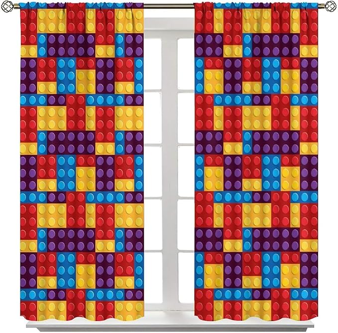 Building Block Colored Curtains, Children's Themed Curtains Collection Building Block Patchwork Cartoon Print Curtains, Light Trim 2 Panel Set Rod Pockets 72x63in