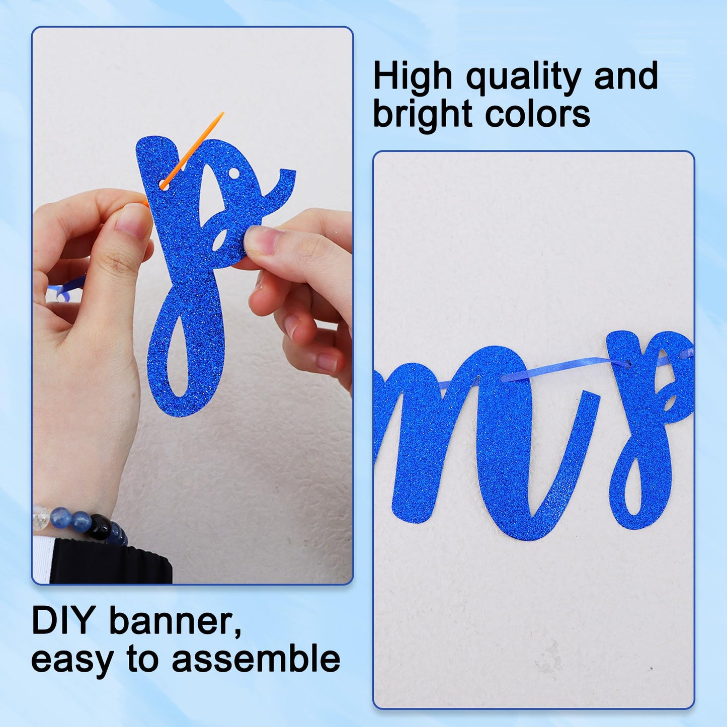 BEISHIDA Glitter Blue 116 PCS A-Z DIY Letter Banner Kit Make Your Own Banner,Including 111 Letters and Numbers 3 Rope and 2 Threading Device,Customized for Birthday Graduation Wedding Party Decor