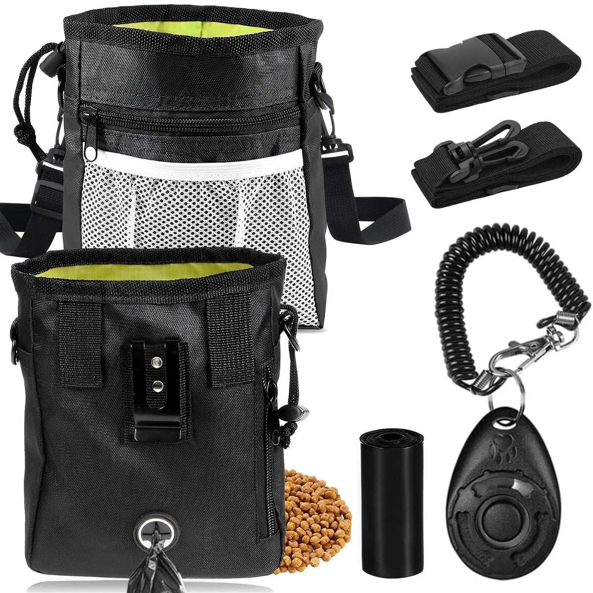 Dog Treat Pouch for Training -6 PCS Dog Training Treat Bag with Clicker, Poop Bag Dispenser, Whistle, Collapsible Bowl, Silicone Pouch, Adjustable Waist Pack for Dog Walk, Park, Outdoor Charcoal Gray