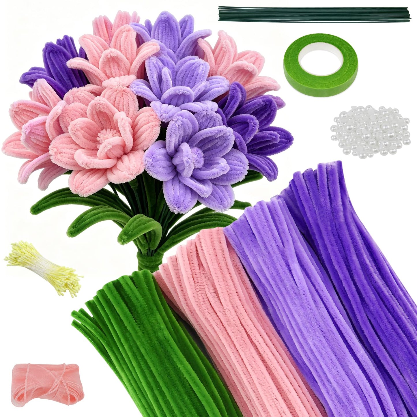 CHRORINE 320 Pcs Pipe Cleaners Bulk Pipe Cleaner Flower Kit Craft Supplies Soft and Flexible Creative Suitable for Art DIY Packaging and Decoration- Purple, Light Purple, Pink, Dark Green