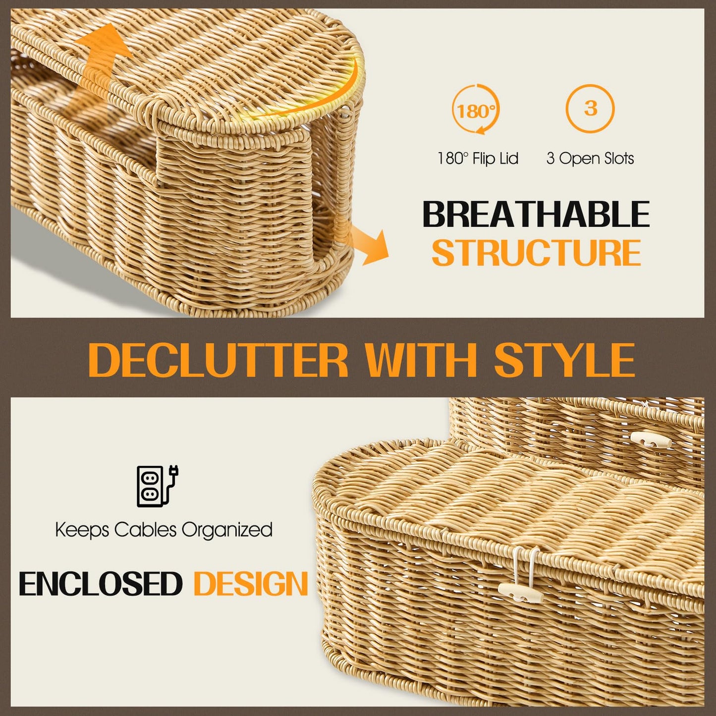 FairyHaus Cable Management Box 2Pack Caramel, Handwoven Large and Small Cable Organizer Box Cover to Hide Cords and Power Strip, Imitation Wicker Cord Organizer Box Hider for Office Desk and Floor