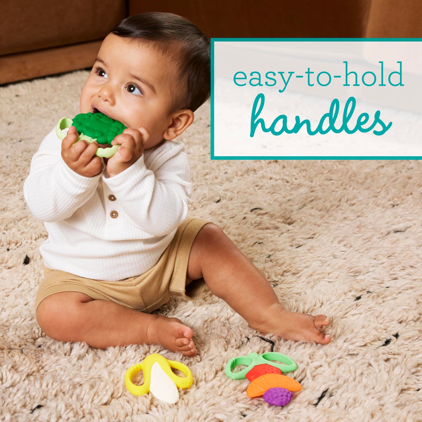 Infantino Lil’ Nibbles Textured Silicone Teethers, BPA-Free Baby Teething Toy, Soft, Easy to Hold, Sensory Stimulation for Infants, Banana, Broccoli, Fruit Kabob, 3-Pack Set