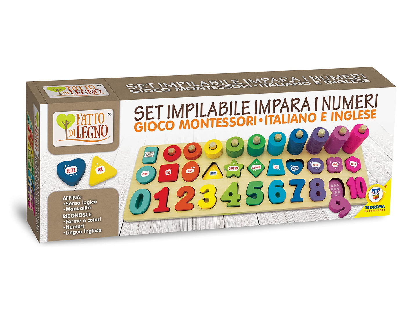 Teorema Giocattoli 40559 Wooden Stackable Learning Numbers Set, Multi-Colour