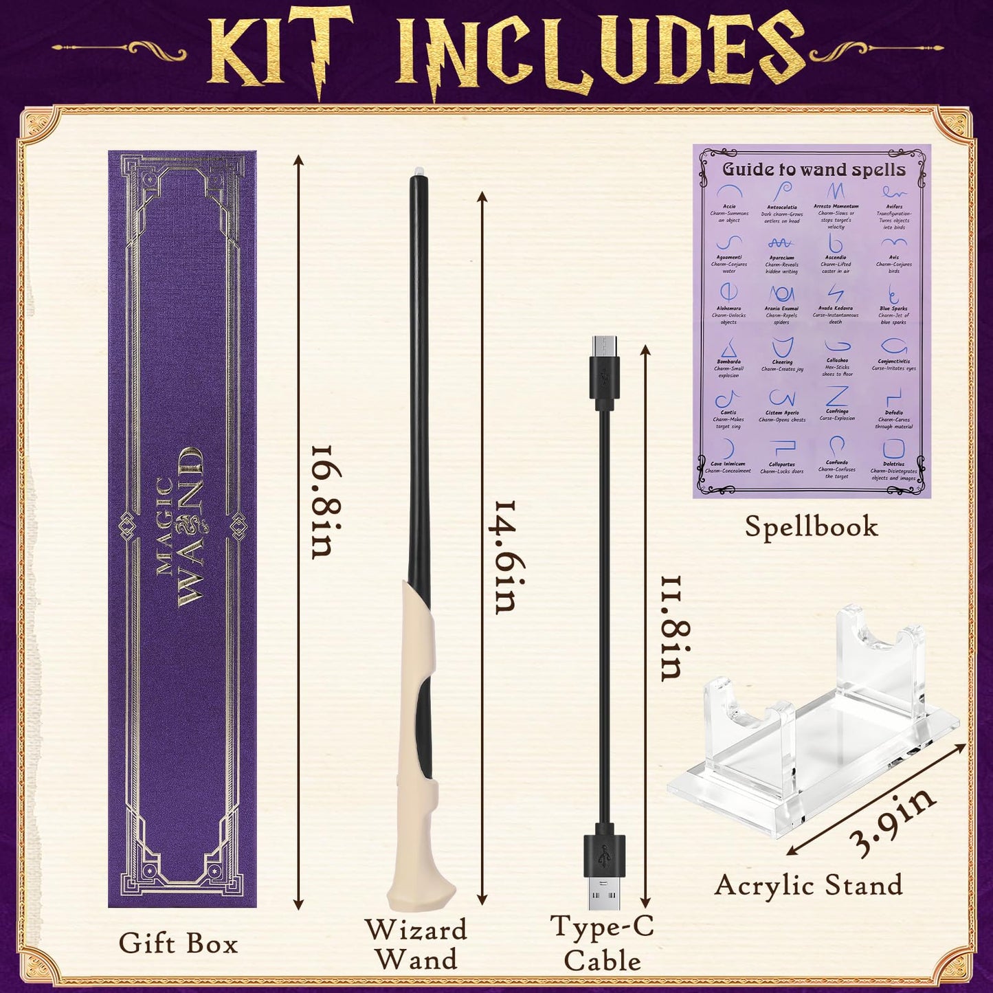 EnrichFun Light Up Wizard Magic Wand with 5 Static Color Lights Rechargeable LED Resin Witch Wands for Kids Cosplay Collection, with Acrylic Stand, (Bone)