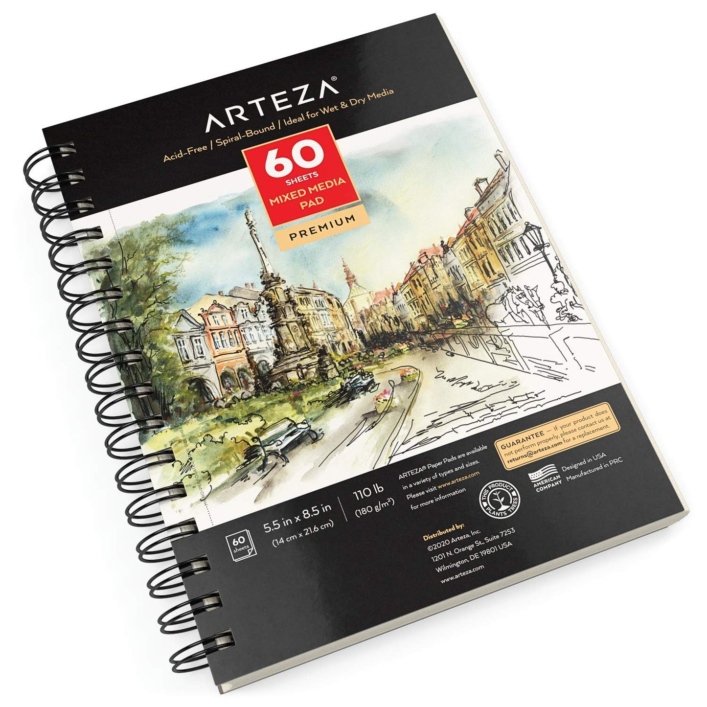 ARTEZA Mixed Media Sketchbook, 5.5 x 8.5 Inches, Pack of 1, 60 Sheets, Micro-Perforated Spiral-Bound Paper Pad for Wet and Dry Media