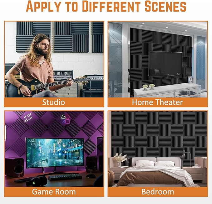 Saiqiang 24 Pack Sound Proof Foam Panels for Walls, 2"X 12" X 12" Pyramid Designed Acoustic Foam Panels Sound Absorbing, Noise Cancelling Dampening Wall Panels for Studio Recording & Office & Home