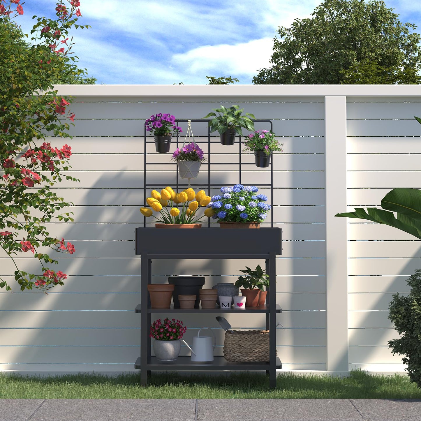 FOYUEE Metal Raised Garden Bed with Trellis & 2-Tier Storage Shelf, Elevated Planter Box with Legs -Includes 3 Flower Pots, Outdoor Vertical Garden for Vegetables Herbs Climbing Plants Patio Balcony