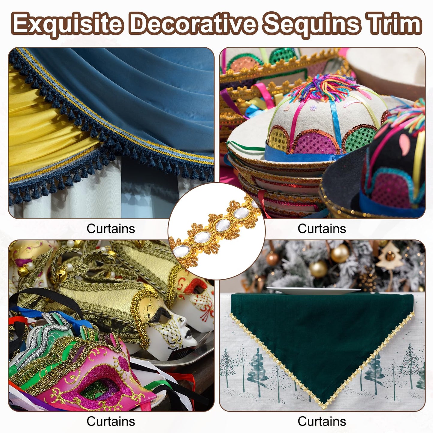 MECCANIXITY 5 Yards Braid Trim, 1.6 Inch Gemstone Beaded Lace Trim Wave Gem Braid Strip Paillette Ribbon for Crafts, Embellishments, DIY Sewing Costume, Gold+Silver