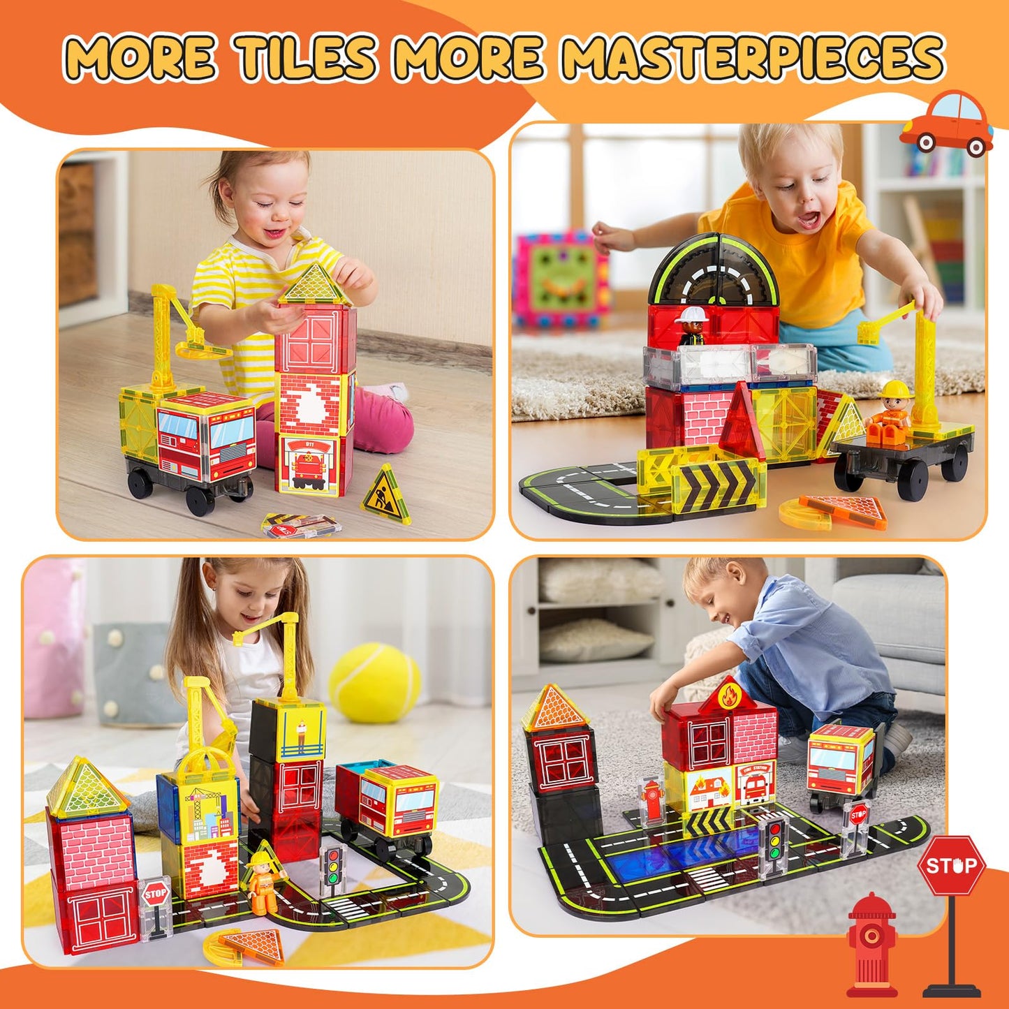 Magnetic Tiles Road Set with Fire Trucks & 2 Dolls, Double-Sided Magnet Tiles with 2 Cranes, Toys for Boys Ages 3-5 5-7, STEM Learning Construction Toys Include Car, Stations, Signs, Gifts for Kids 3+