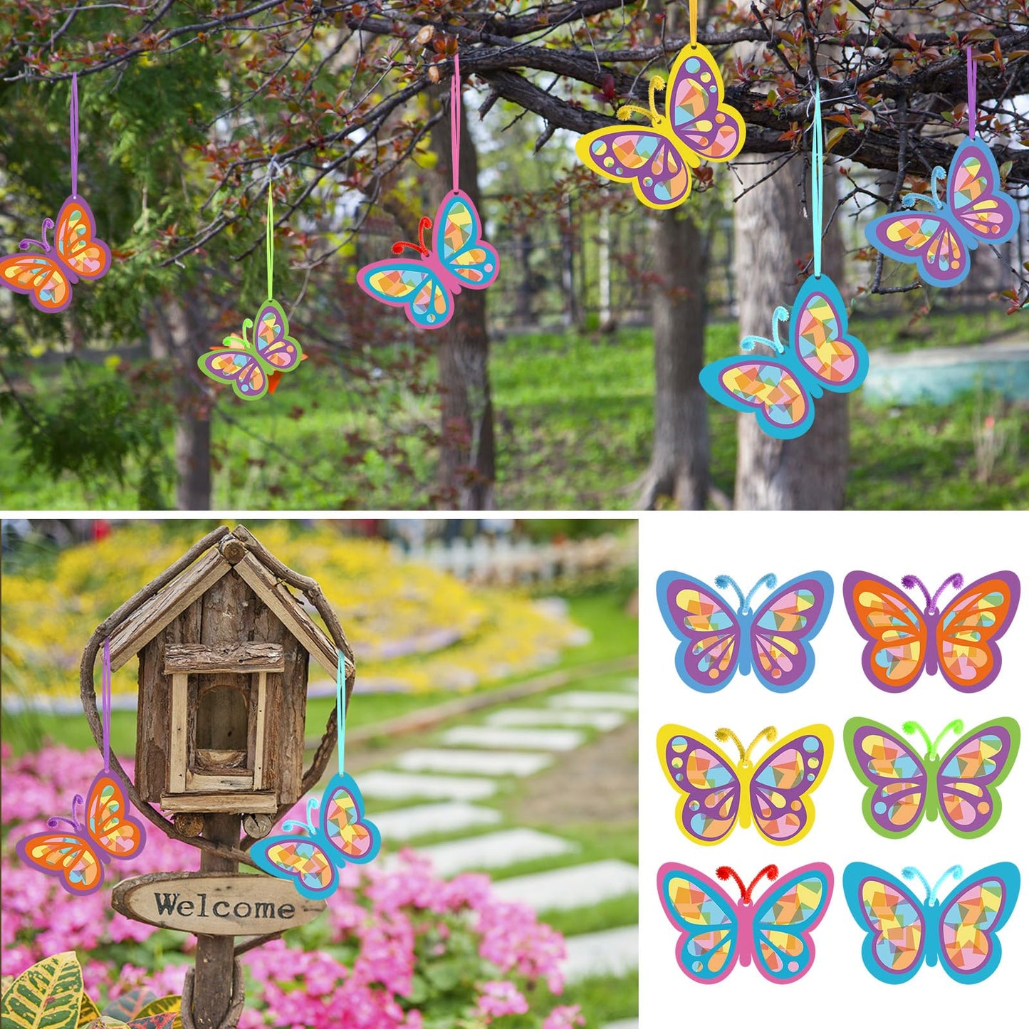 Motipuns 24 Pcs Butterfly Suncatchers Craft Kits DIY Butterfly Shaped Stained Glass Effect Tissue Paper Kits Bulk for Window Decor Spring Summer Party Favors Home Art Activities Gift Supplies