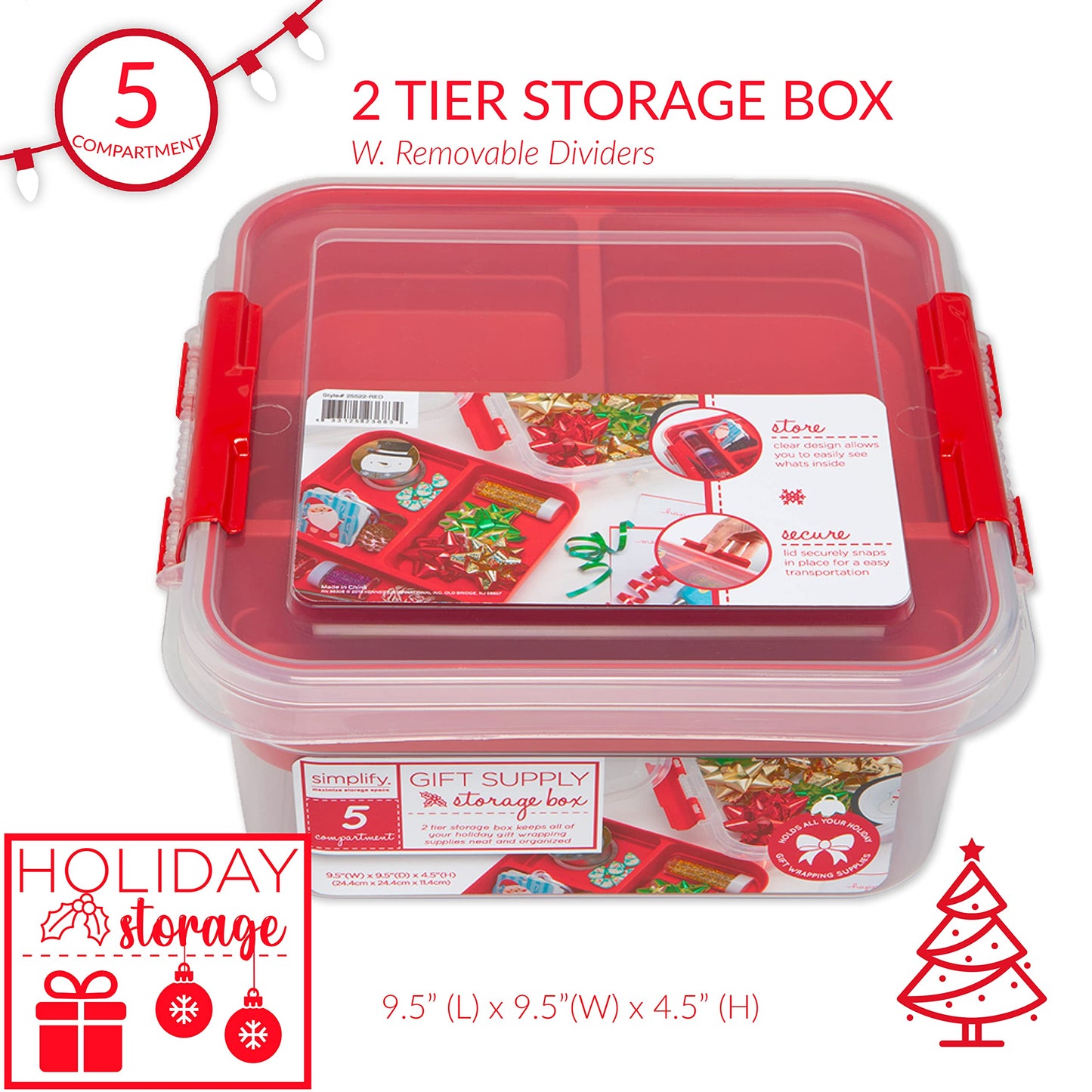 Simplify 5 Compartment Gift Supply Storage Box | 2 Tier Box | Red | Clear Top Lid | Dimensions: 9.5"x 9.5"x 4.5" | Snap Handle| Storage | Wrapping Accessories