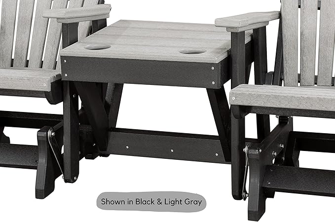 DutchCrafters Slat Fan Back Double Poly Adirondack Glider Outdoor Patio Chairs with Center Table (White & Cedar)
