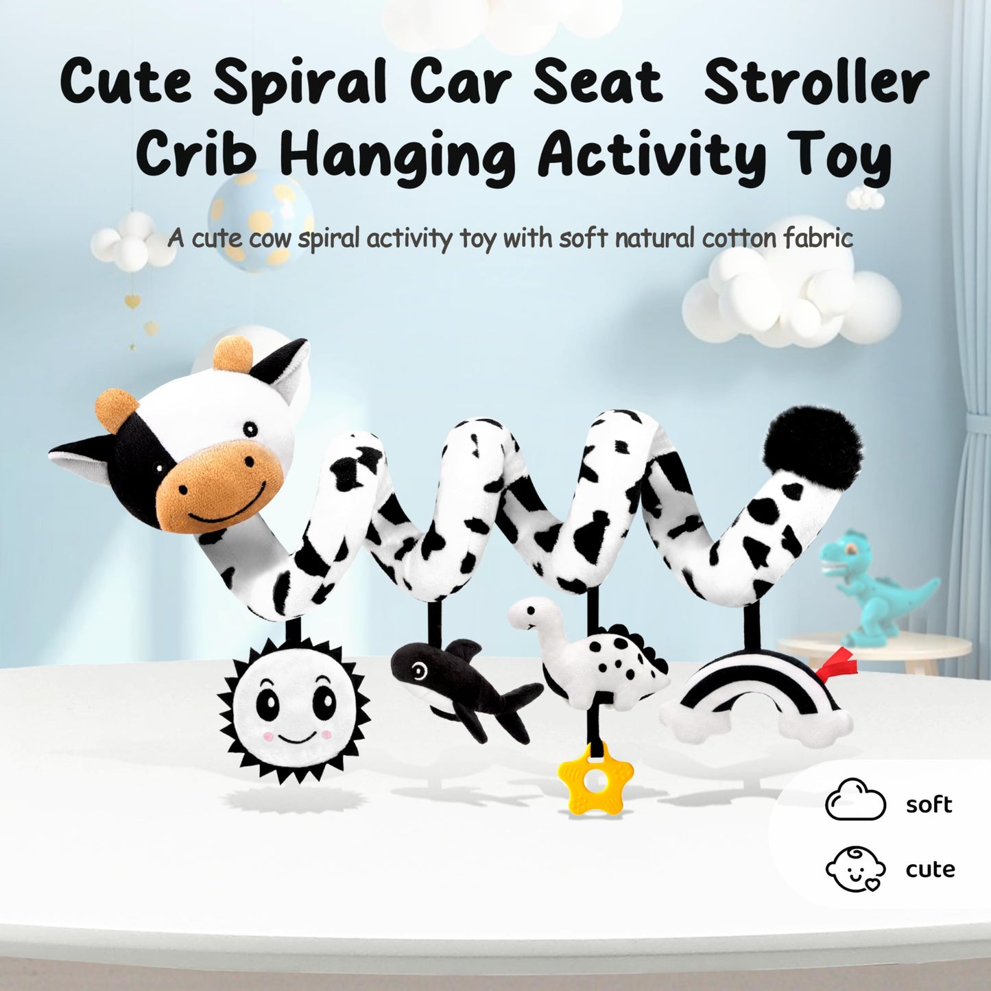 Spiral Car Seat Baby Toys 0-6 Months, Infant Carseat High Contrast Sensory Toys Hanging Stroller Accessories, Newborn Shower Gifts for Baby Boys Essentials Stuff, Cute Black and White Cow