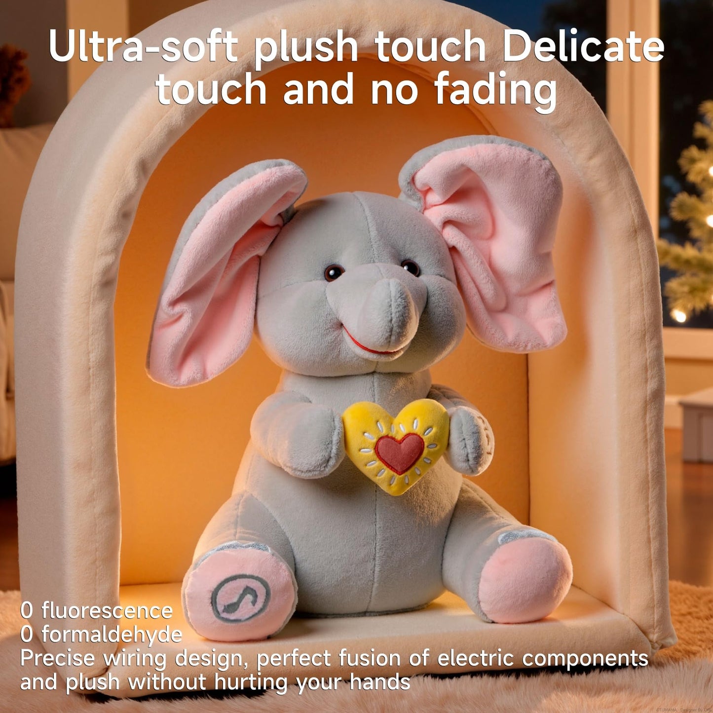 eJog Pup Peek a Boo Elephant Toy, Interactive Singing Plush Elephant Toy with Flapping Ears and Hearts, Musical Stuffed Animal for Babies and Toddlers