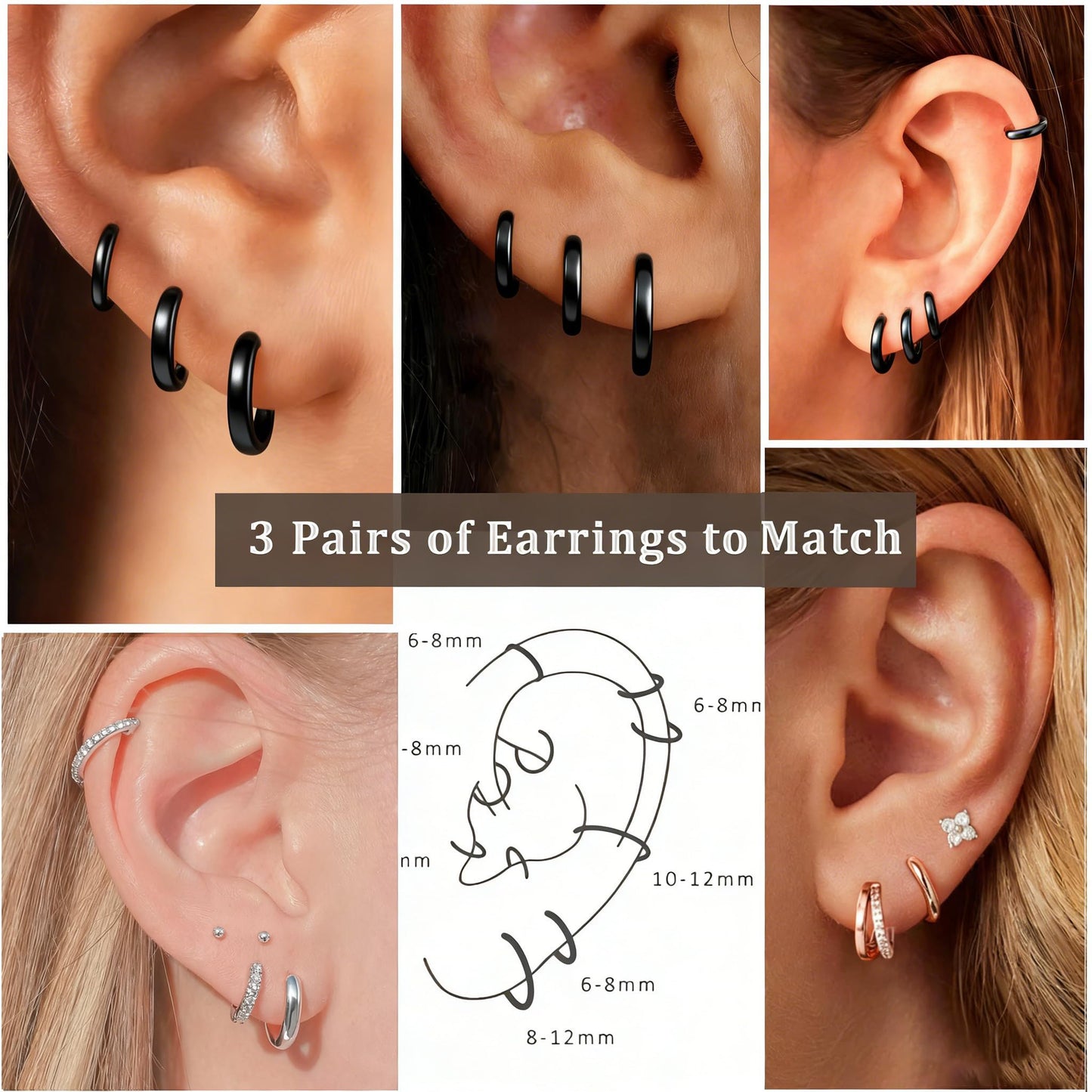 DORANA Black Earrings for Women Non Tarnish Small Huggie Earrings 925 Hypoallergenic Cartilage Stackable Sleeper Hoops Black Stacks Sets for Multiple Piercing,3 Pairs