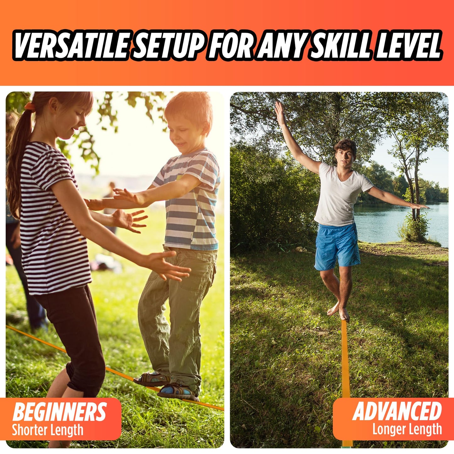 Complete Slackline Kit with Training Line - 60ft Slack Lines for Backyard for Kids and Adults, Wider Tree Protectors - Ninja Slackline Kit for Kids Outdoor Play Equipment (Complete Kit - Orange)