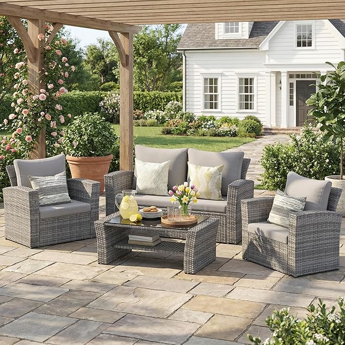Wisteria Lane 4 Piece Patio Furniture Set, Wicker Outdoor Patio Conversation Furniture Set, All Weather Outdoor Patio Sofa with Cushion and Glass Table, Ash Gray