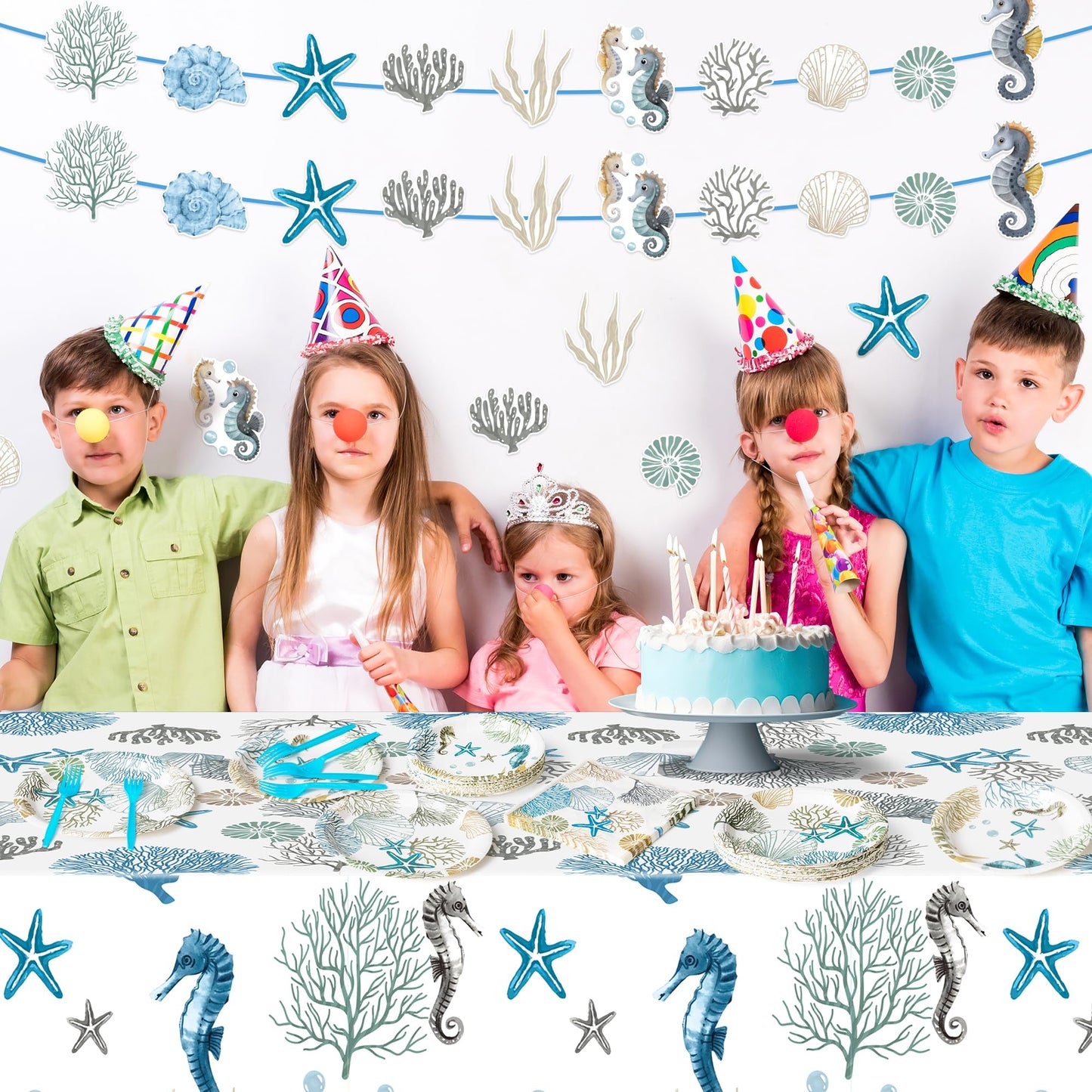 G1ngtar Ocean Seashell Party Decoration Set - Serves 24- 112Pcs Nautical Coastal Beach Summer Themed Tableware Disposable Plate Napkin Tablecloth Banner Card for Birthday Party Supplies