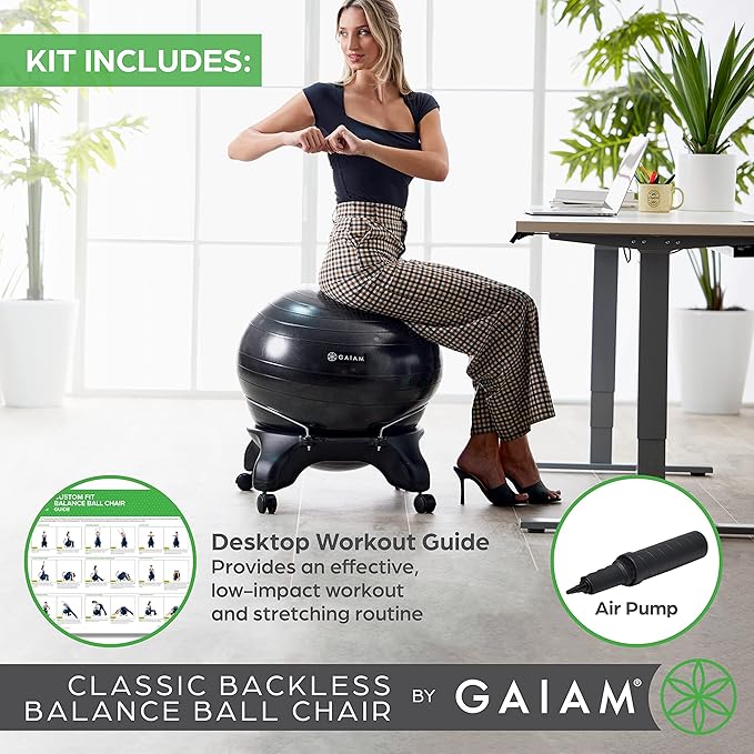 Gaiam Classic Backless Balance Ball Chair – Exercise Stability Yoga Ball Premium Ergonomic Chair for Home and Office Desk with Air Pump, Exercise Guide and Satisfaction Guarantee